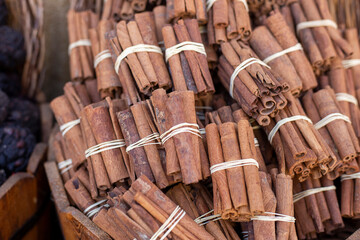 Cinnamon sticks tied in bunches