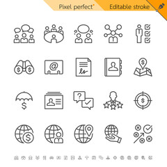 Business communication and global network thin line icon set. Pixel perfect. Editable stroke.