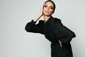 brunette bright makeup glamor black dress model
