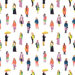 Fototapeta na wymiar Colorful seamless pattern with silhouettes of many walking and standing people in warm clothes. On white background.