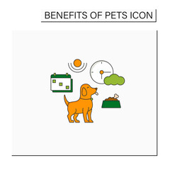 Pets benefits color icon.Adding structure to day plan. Change schedule. Everyday routine. Love animal.Animal caring concept. Isolated vector illustration