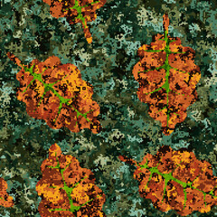 Seamless pixel green and blue camouflage pattern with yellow-orange-brown oak leaves. Editable.