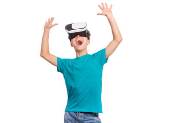 Portrait of young caucasian teen boy using virtual reality goggles. Funny teenager looking in VR glasses. Handsome child experiencing 3D gadget technology, isolated on white background