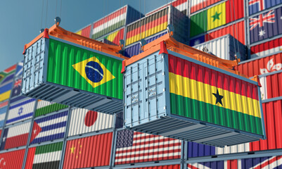 Freight containers with Ghana and Brazil national flags. 3D Rendering 