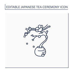 Flower arrangement line icon. Japanese bonsai tree. Small trees in peas for ornamental garden. Sakura twig. Japan culture concept.Isolated vector illustration.Editable stroke