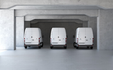 New delivery vans at parking with concrete walls. 3d rendering - obrazy, fototapety, plakaty