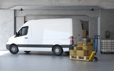 A new delivery van at warehouse. Cargo loading. 3d rendering - obrazy, fototapety, plakaty