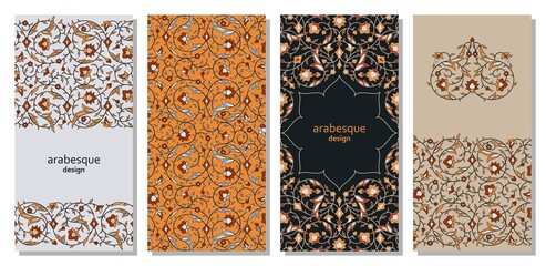 Set of vertical arabesque floral banners. Branches with flowers, leaves and petals