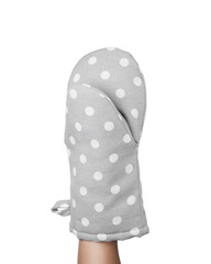 Chef in oven glove on white background, closeup