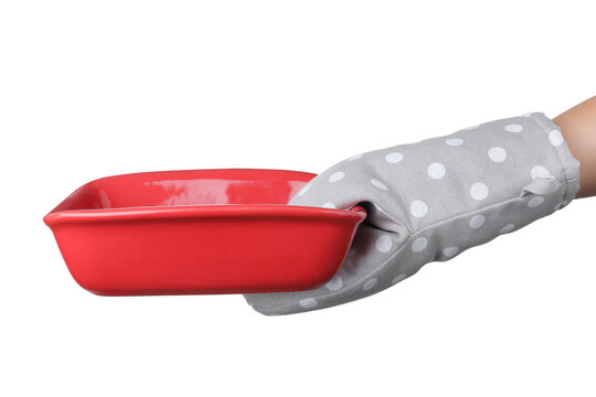 Chef In Oven Glove Holding Baking Pan On White Background, Closeup