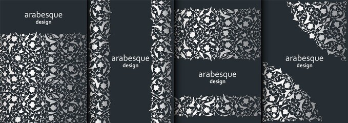 Set of vertical arabesque floral banners. Branches with flowers, leaves and petals