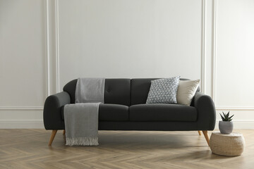 Stylish living room interior with comfortable grey sofa and beautiful plant - obrazy, fototapety, plakaty
