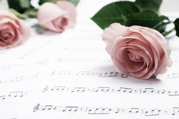 Beautiful roses on sheet with music notes, closeup. Space for text