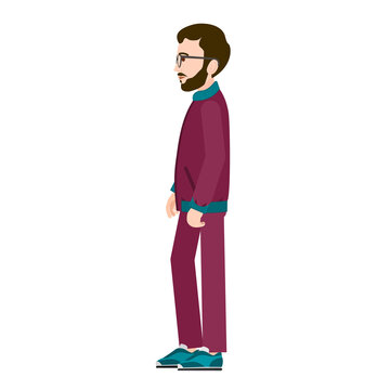 Man is sideways. A man in sportswear is standing in profile. Vector image of a person in sportswear for animation. All the details are on separate layers with names. Editable strokes.