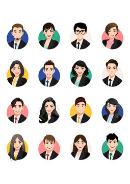 Big bundle of business people avatars. Set of male and female portraits. Men and women avatar characters. User pic, face icons for representing person in a video game, Internet forum, account. Vector