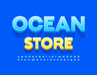 Vector colorful logo Ocean Store. Modern 3D Blue Font. Creative Alphabet Letters and Numbers