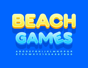 Vector trendy sign Beach ames. Blue modern Font. 3D Alphabet Letters and Numbers set