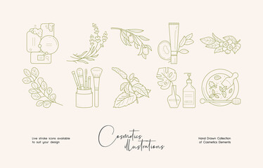 Set of hand drawn line art illustrations of cosmetics and flowers. Suit to brand identity, logo design
