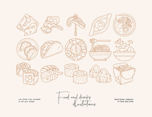 Set of hand drawn line art illustrations of food and drinks. Suit to brand identity, logo design
