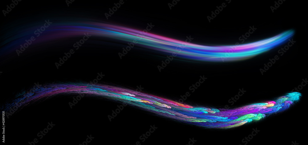 Wall mural set of two fractal and blured colorful wave. modern graphic element isolated on black background