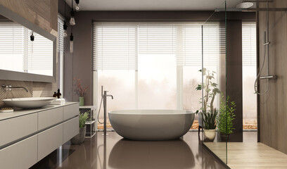 Modern bathroom interior with wooden decor in eco style