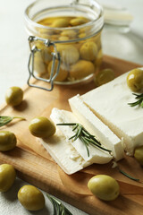 Concept of tasty food with feta cheese, close up