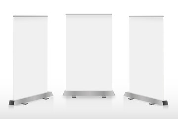 Digital advertising stands banners. White lcd screens on metal rack for successful commercial project.