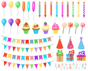 Cartoon party kit. Rocket fireworks. Colorful balloons, flags, confetti, cupcakes, gifts, candles bows and decorative ribbons Vector illustration