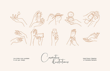 Set of hand drawn line art illustrations of hands with cosmetics. Suit to brand identity, logo design
