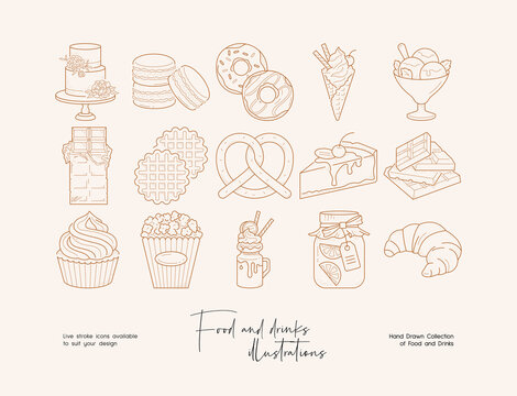 Set of hand drawn line art illustrations of sweets. Suit to brand identity, logo design
