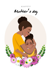 Cartoon character with African American mom and daughter embrace in flower wreath. Mother s day background. Isolated design on white background. Vector illusrtation