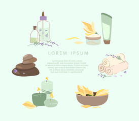 Spa Wellness Salon Set.Body, Skin and Face Caring Tools for Rrelax.Treatment Concept.Skin care for health,wellbeing, beauty.Massage Hot Stones,Creams and Serum Potion.Flat vector illustration isolated