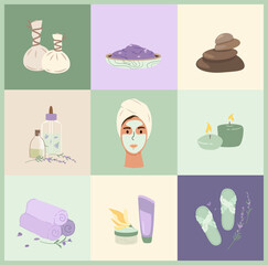 Spa Wellness Salon Set.Woman with Clay Cleansing Face Mask relaxing.Treatment Concept.Skin care for health,wellbeing, beauty. Massage Herbal pouches,Creams and Serum. Flat vector illustration isolated