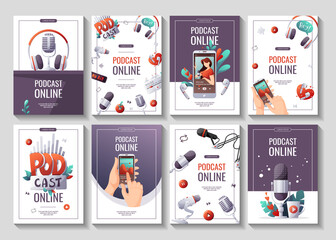 Set of promo flyers for Podcast, Streaming, Online show, blogging, radio broadcasting. A4 vector illustration for poster, banner, advertising. - obrazy, fototapety, plakaty