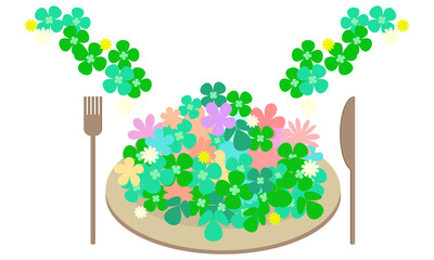 クローバーと小花をお皿に盛ったイラスト001｜Illustration of clover and florets on a plate 001