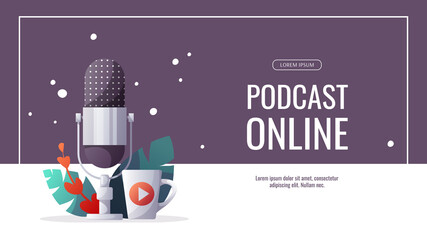 Promo banner for Podcast, Streaming, Online show, blogging, radio broadcasting. Microphone and cup. Vector illustration for poster, banner, advertising.