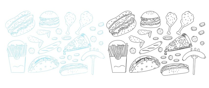 Set of hand drawn junkfood or fast food isolated on white background. burger, potatoes stick, fried chicken, hotdog, sausage, pizza