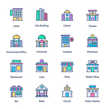 Buildings Filled Icons - Stroked, Vectors