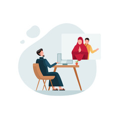 Vector illustration of video call concept for islamic Eid Mubarak greeting card with a man sitting at the computer calling the family