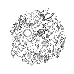 Various space elements minimalist composition. Linear graphic. Scandinavian minimalist style. Astronaut, planet, spaceship, star. 