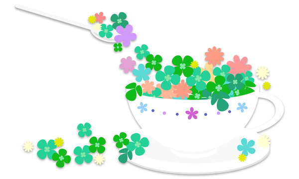 クローバーと小花をティーカップに盛ったイラスト001｜Illustration of clover and florets in a tea cup 001