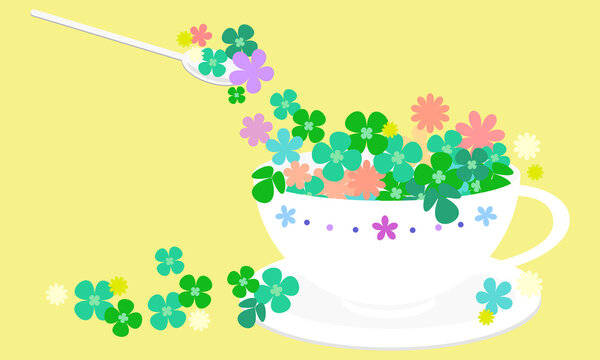 クローバーと小花をティーカップに盛ったイラスト002｜Illustration of clover and florets in a tea cup 002