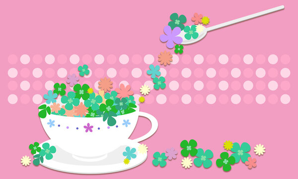 クローバーと小花をティーカップに盛ったイラスト004｜Illustration of clover and florets in a tea cup 004