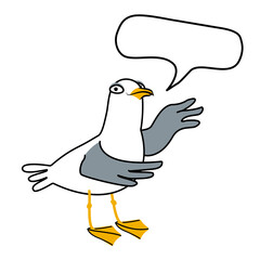 Important information, caution, gesture, demonstration, communication concept. Fun cartoon seagull draws attention ,telling something with bubble and poiting wing upward.  Vector doodle illustration.
