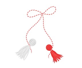 Spring talisman martisor. Traditional romanian amulet with red and white figurine tied thread mseasonal moldovan greeting emergence of vector life.