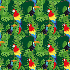 Seamless pattern with tropical greenery and tropical birds. Summer design element. Background for text or print for fabric. EPS10.