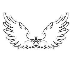 Continuous one line of wings angel in silhouette. Minimal style. Perfect for cards, party invitations, posters, stickers, clothing. Black abstract icon.