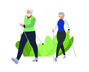 Vector modern illustration. Old mature people are engaged in outdoor activities. Nordic walking.