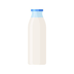 Glass Bottle of Milk Isolated Icon on White Background. Colorful vector milk glass container icon. Flat style template bottle of milk in white and blue colours