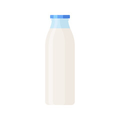 Glass Bottle of Milk Isolated Icon on White Background. Colorful vector milk glass container icon. Flat style template bottle of milk in white and blue colours